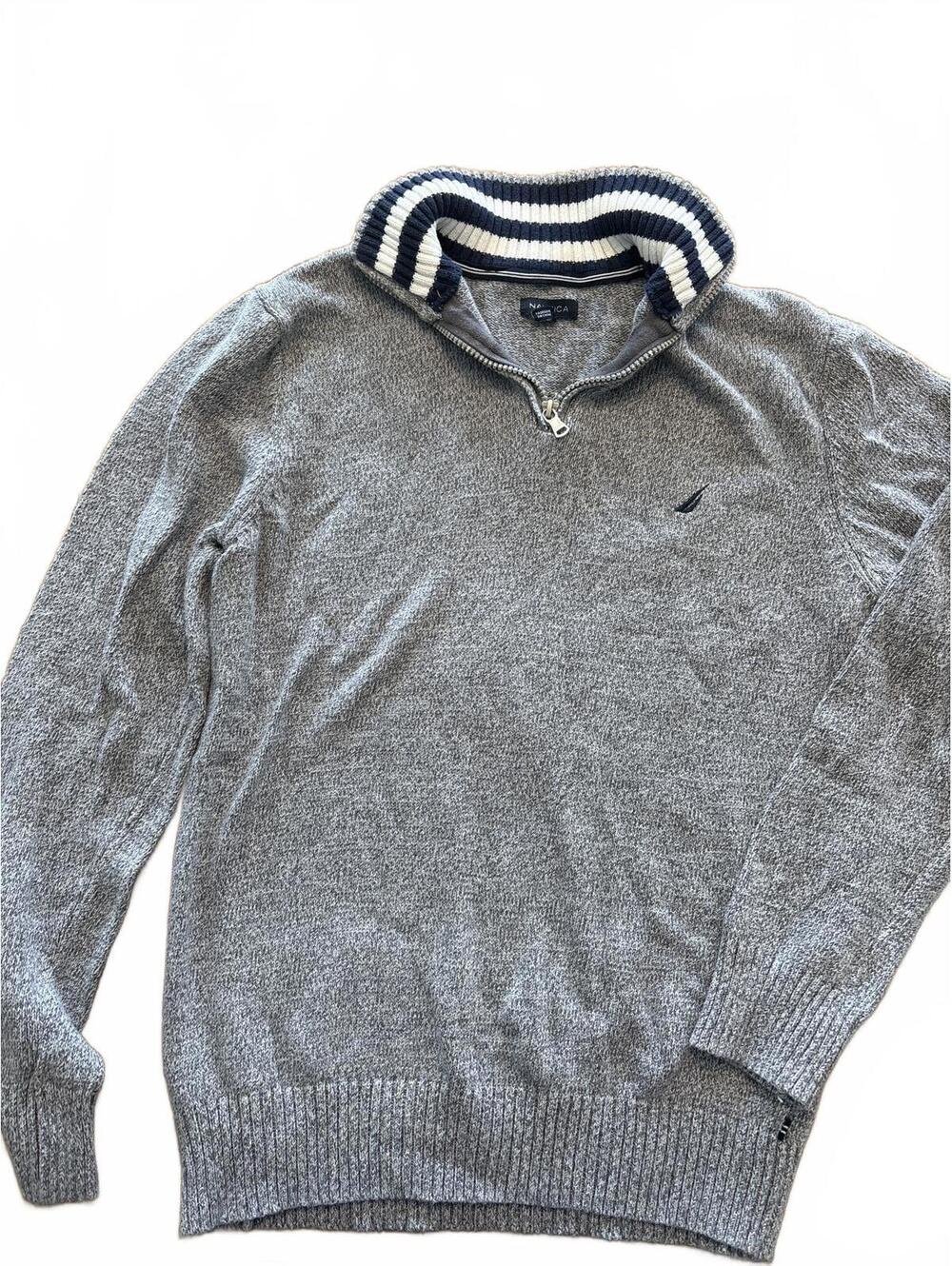 Nautica Boys kids knit Grey Half-Zip Sweater with Striped Collar Size 14 16